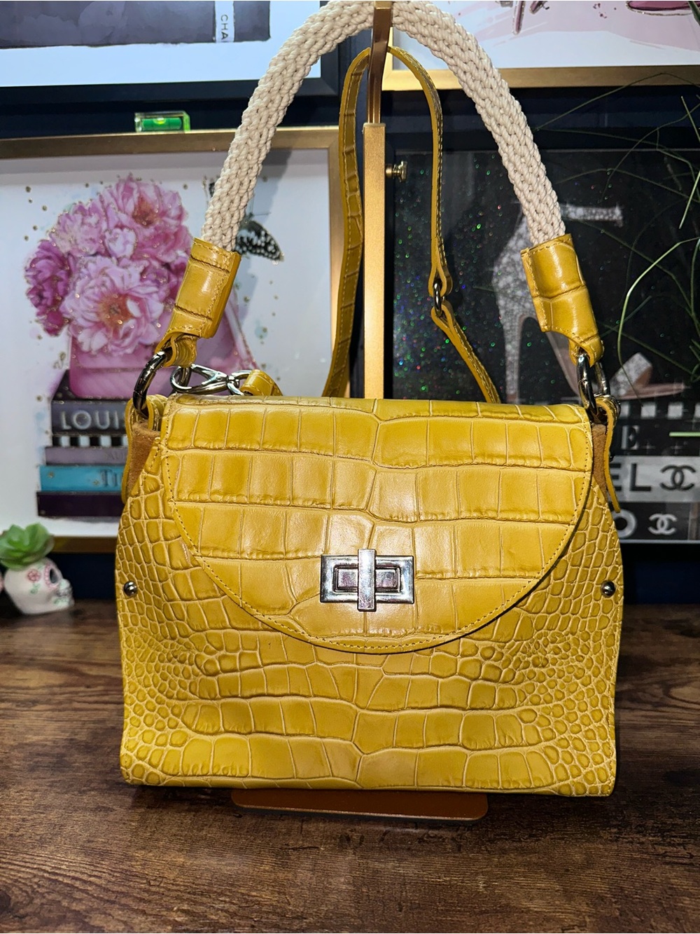 Croc-Embossed Yellow Shoulder Bag with Braided Top Handle